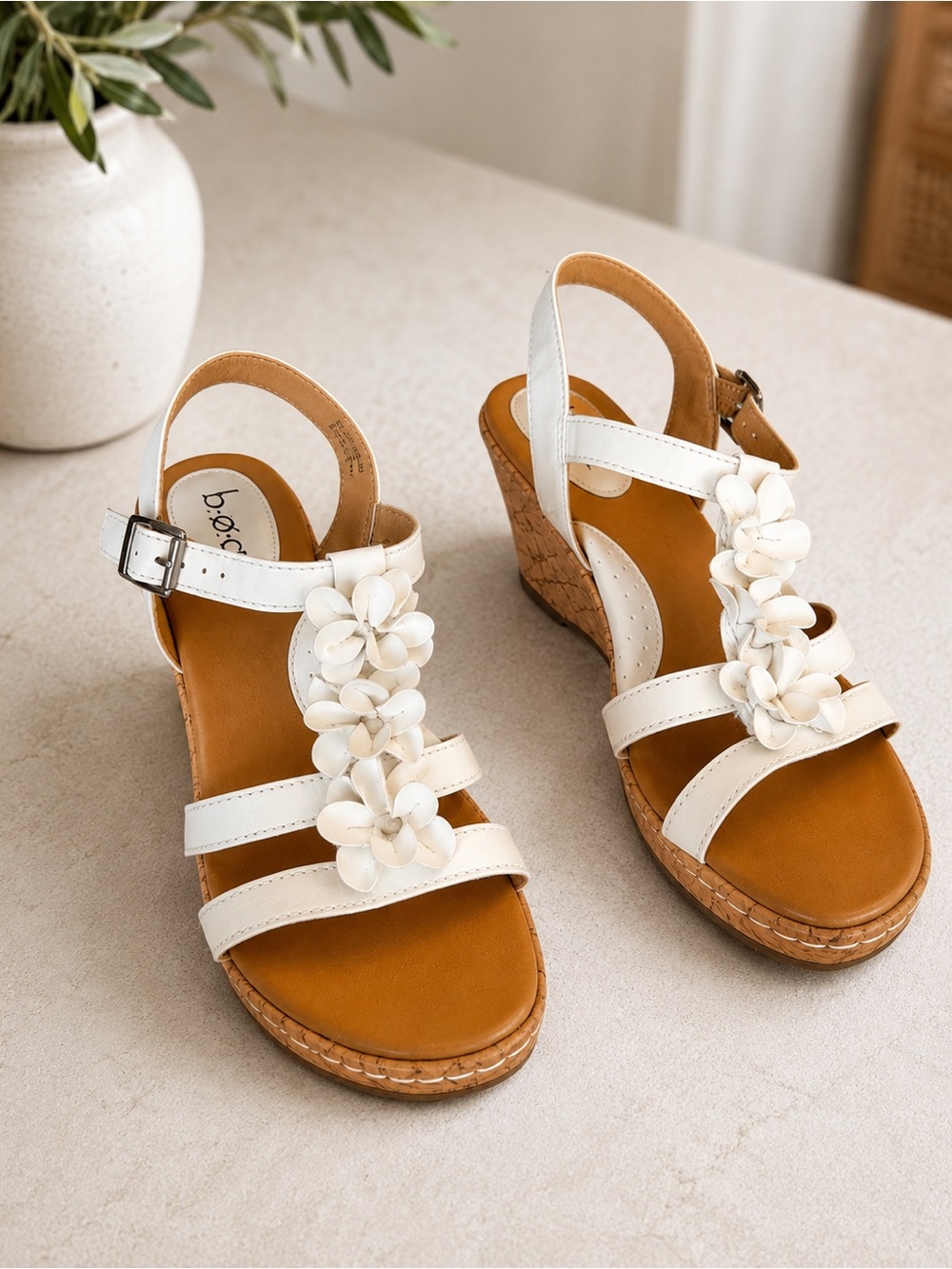 b.o.c. Cream Floral Cork Wedge Sandals